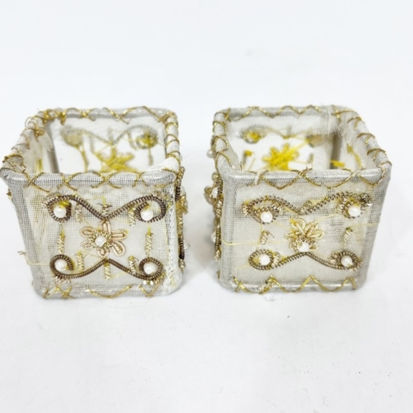 Pier 1 Imports Napkin Ring Holders 8 Square White Mesh Gold Pearl Holiday - Picture 1 of 10